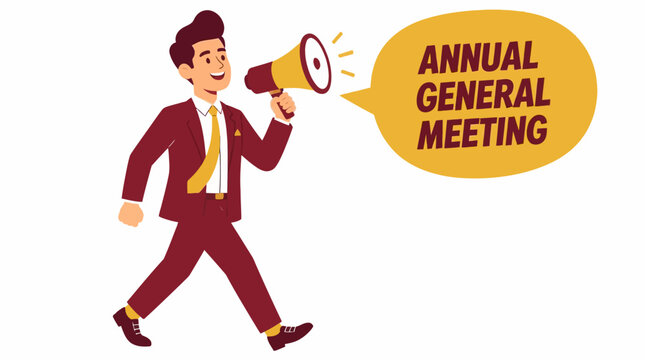 Businessman announcing annual general meeting with megaphone.