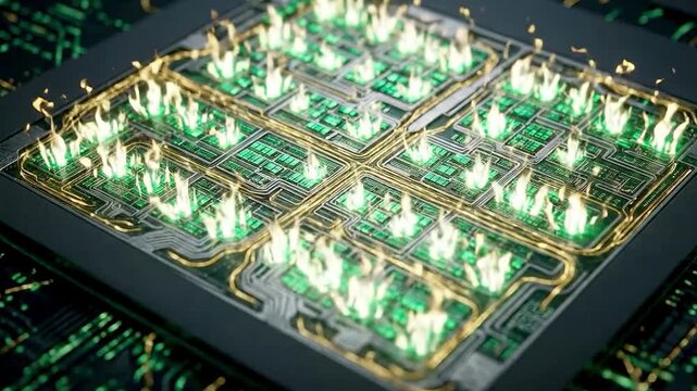 High-end technology hardware asset, close-up macro view of a next-generation AI GPU silicon die matrix