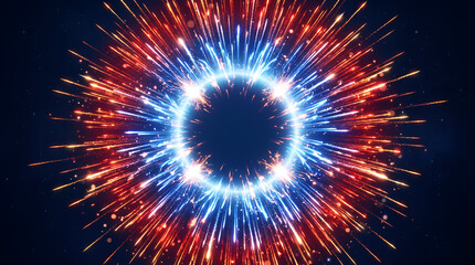 Fototapeta premium Abstract cosmic explosion with glowing blue ring and red light particles