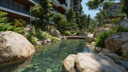 Naklejka premium Modern Residence With Lush Natural Landscape and Water Feature