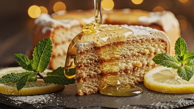 Delicious slice of layered honey cake with fresh mint, lemon slices, and sweet honey being drizzled