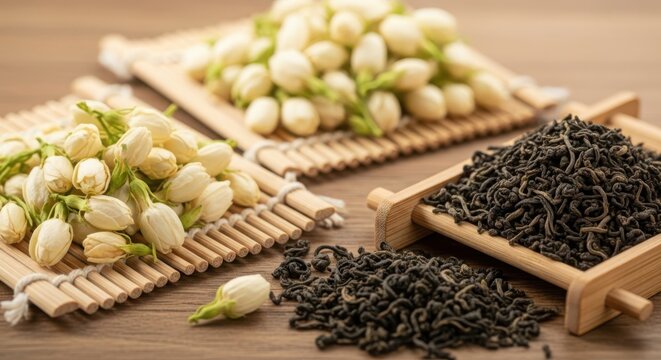 Fresh jasmine buds and dried tea leaves arranged for preparation and aromatic infusion