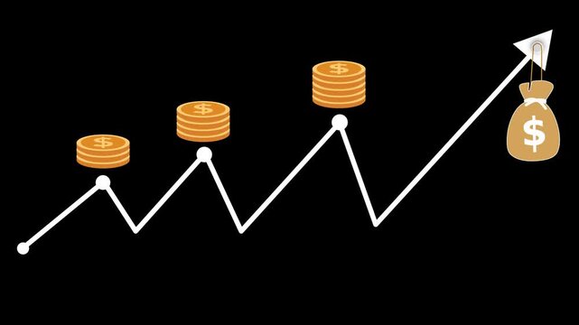 Rising finance graph with coins and money bag animation
