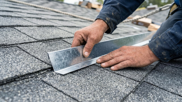 Roof flashing installation on asphalt shingle roof during residential construction featuring waterproofing, leak prevention, roofing repair and professional exterior craftsmanship