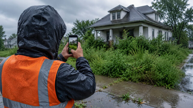 Municipal worker documenting overgrown vegetation around residential property for code enforcement, neighborhood inspection, urban maintenance and property compliance assessment