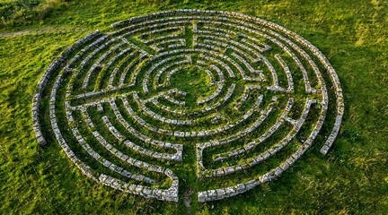 Naklejka premium Aerial View of a Stone Labyrinth Garden in a Green Field.