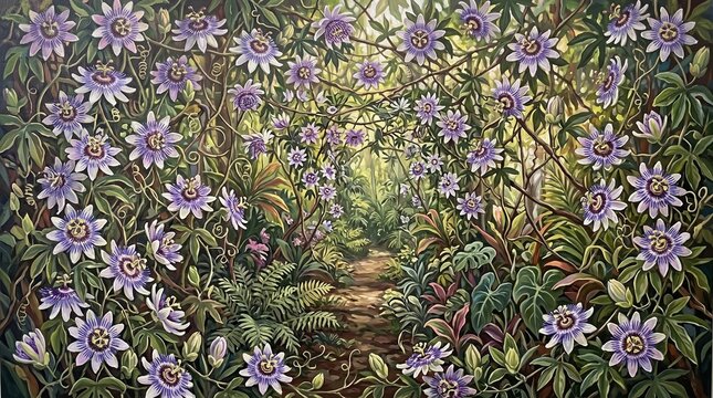 Impressionist Oil Painting of Passionflower Vines with Secret Jungle Path