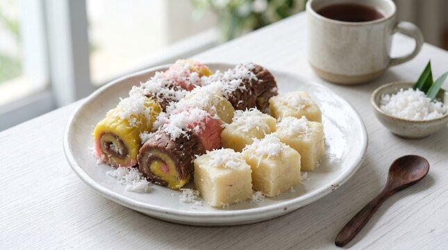 Assorted colorful traditional Indonesian getuk gulung roll cakes and getuk kotak cassava cubes topped with grated coconut on a ceramic plate, served with a cup of warm tea on a white rustic table.