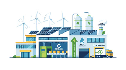 Fototapeta premium Green Energy Factory: Solar Panels, Wind Turbines, Recycling, Clean Transport