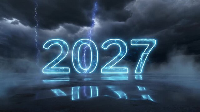 New Year 2027 Glowing Electric Blue Numbers with Lightning Storm Background