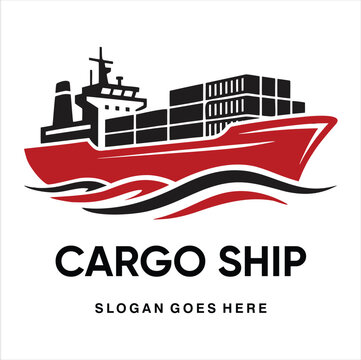 Cargo ship logo design template with red freight container vessel on sea waves vector illustration
