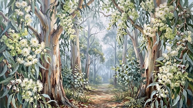 Impressionist Oil Painting of Eucalyptus Forest with Flowering Gumnuts and Misty Path
