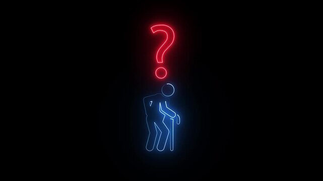 Neon Blue Old Man Cane Red Question Mark Glowing Icon Elderly Health Memory Loss Dementia Loop Video