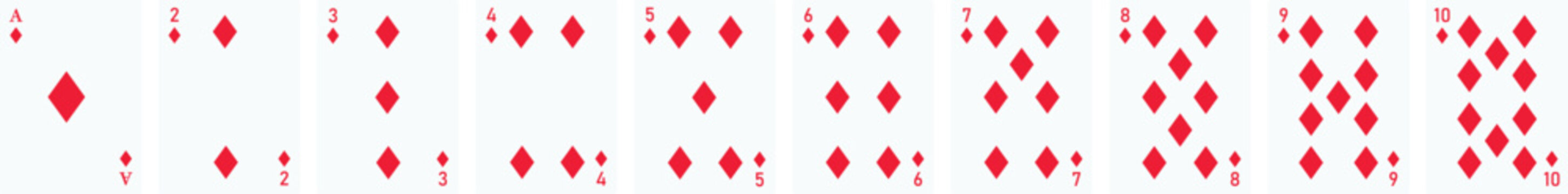 Vector illustration of a Diamonds suit card set: Jack, Queen, King, Ace, card back with ornate. Elegant and classic playing cards with decorative pattern for poker, casino, and entertainment projects.