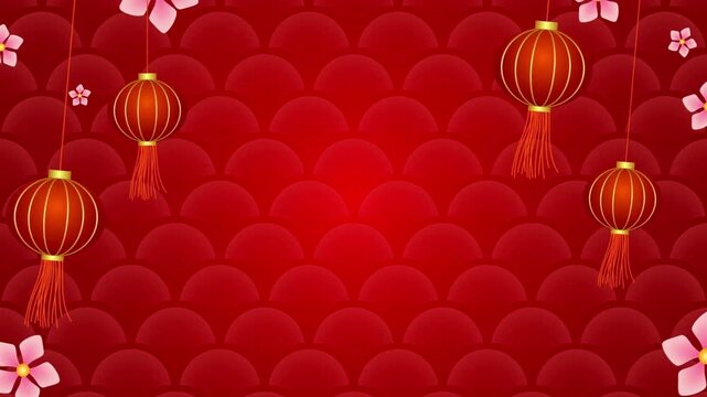 Chinese New Year background with hanging red lanterns, festive oriental pattern with cherry blossom flowers, elegant lunar new year greeting animation
