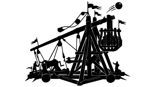 Black and White Silhouette of a Medieval Trebuchet Siege Engine with Soldiers Isolated on Transparent Background