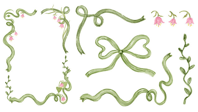 Hand Drawn Watercolor Botanical Frame and Green Ribbon Elements. Perfect for Fabric, Wrapping Paper, Greeting Cards and Stationery Designs