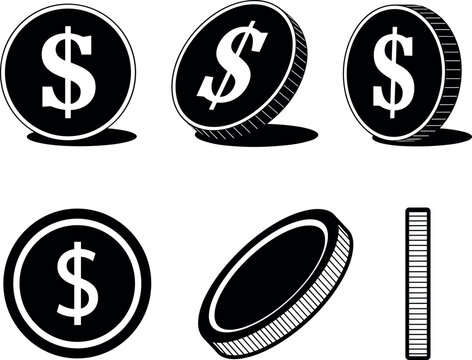 Set of black dollar coin shown from different angles and perspectives for financial investment and banking concepts.