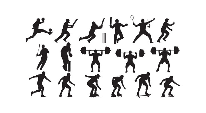 Group of sports silhouettes featuring cricket players weightlifters roller skaters and skateboarders in action poses.