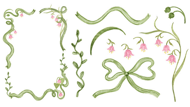 Hand Drawn Watercolor Botanical Frame and Floral Elements Clipart.  Perfect for Stationery, Wedding invitations. Greeting Cards.