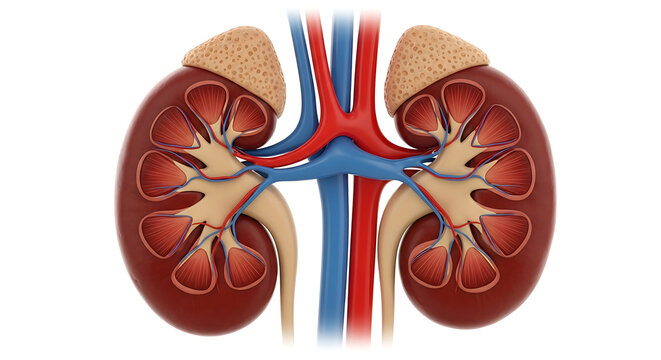 Anatomical illustration of human kidneys with adrenal glands, renal arteries, renal veins, and ureters isolated on white background