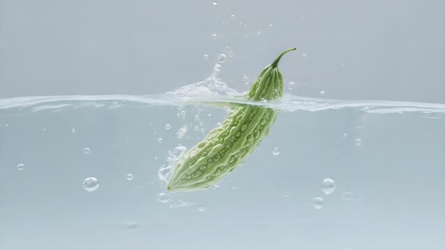 Fresh bitter melon falling into clear water with splash and bubbles.