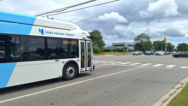 A York Region Transit bus driving in Toronto Canada