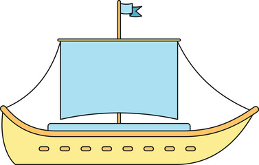 Fototapeta premium Cartoon sailing boat exploring the ocean with a blue sail and yellow hull