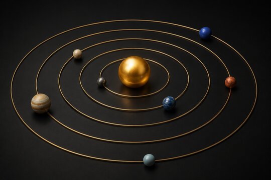 heliocentric. Heliocentric model with a golden central sphere and smaller spheres on concentric circular orbits. STEM education sheets.