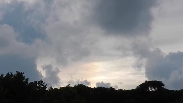 Natural grey sky with Parhelion, Sundog on Cirrostratus clouds and dark clouds Cumulus over dark horizon with trees in the evening. Topics: atmospheric optical phenomenon, cloudscape, meteorology