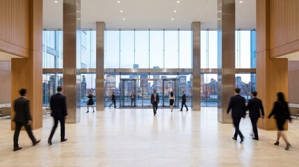 Fototapeta premium Business professionals walking through a modern spacious office lobby with a city skyline view