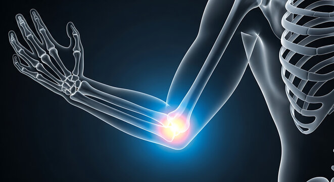 3d medical illustration of a human elbow joint showing pain or inflammation with a glowing highlight
