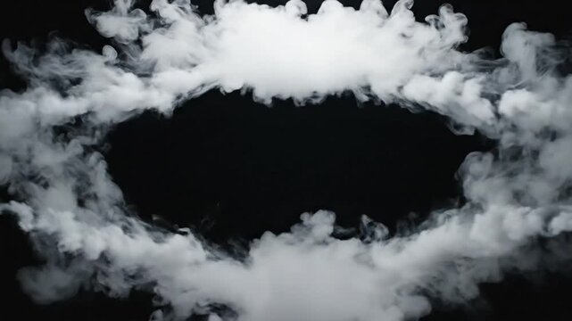 Abstract white smoke billowing and swirling on black background creates a frame or border for an artistic visual effect.