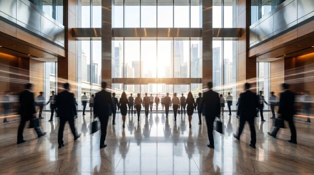 Wide-angle symmetrical view of professionals walking through a modern sunlit corporate office building lobby towards the exit