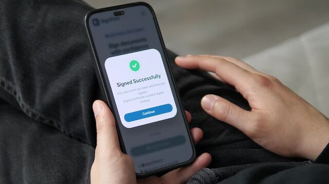 Mobile app interface for e-signing Service Agreement. Screens capture full signing journey with signature preview and digital certificate issuance. Perfect for videos about contract management, legal
