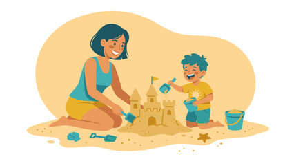 Fototapeta premium Happy Mother and Son Building Sandcastle on Sunny Beach Illustration