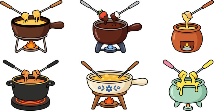 Collection of Six Various Fondue Pots &ndash; Cheese Fondue, Chocolate Fondue, Hot Pot Set with Forks and Burners