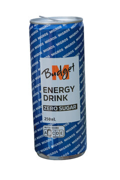 M-Budget Energy Drink Zero Sugar 250ml Dose von Migros isoliert vor freigestelltem Hintergrund im PNG Format, Oberglatt, 26.06.2026