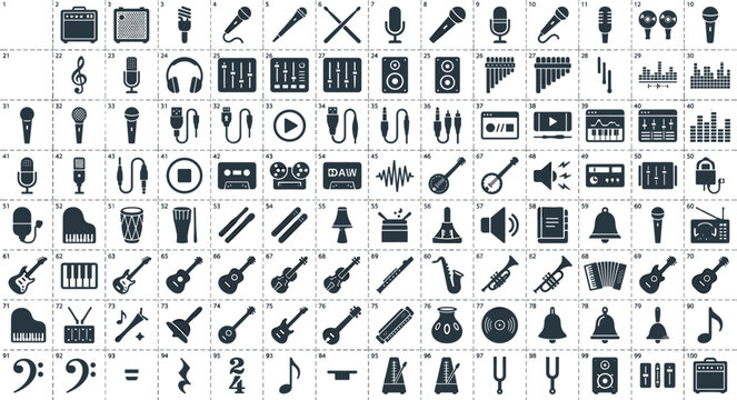 Musical Instruments and Audio Studio Equipment Solid Glyph Icon Set with Guitars Microphones Drums Clefs and Sound Wave Symbols
