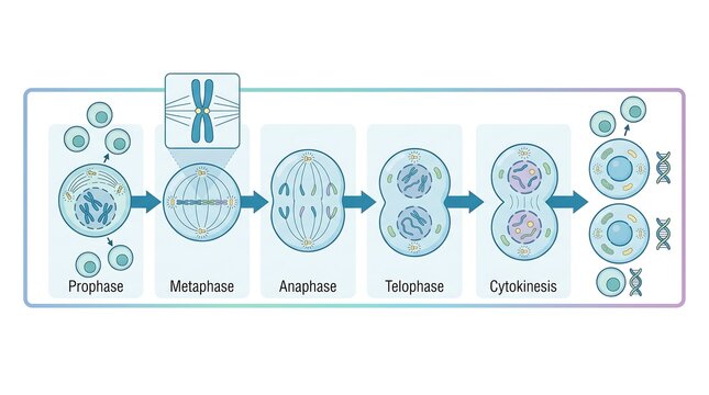Educational diagram of the cell cycle and mitosis process showing prophase, metaphase, anaphase, telophase, and cytokinesis.