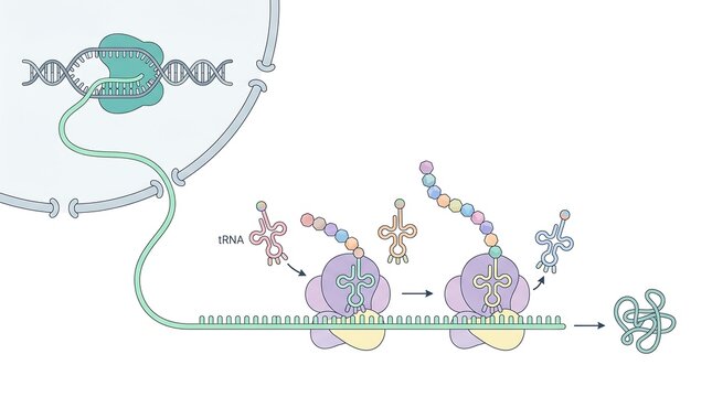 Educational diagram of protein synthesis process showing DNA transcription in the nucleus and mRNA translation by ribosomes.