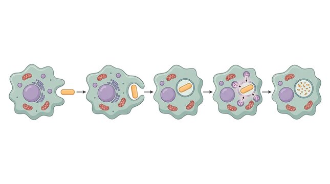 Educational diagram of phagocytosis process showing a macrophage engulfing and digesting a pathogen.