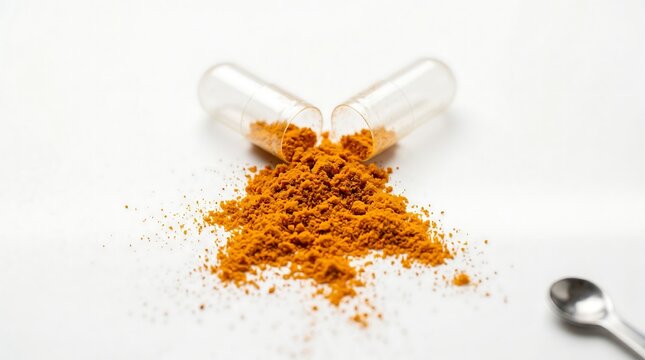Close-up of an open clear capsule spilling yellow turmeric or curcumin powder on a white background.