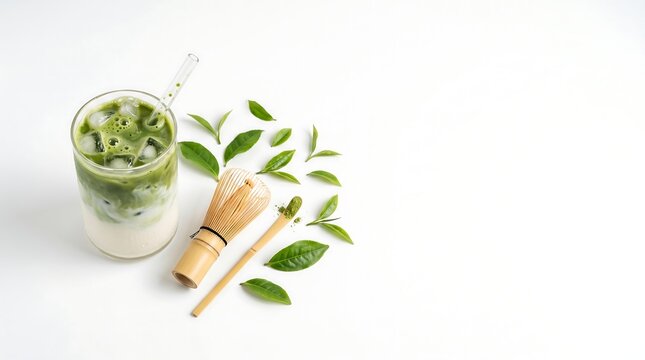 Top view of an iced matcha green tea latte in a glass with bamboo whisk, scoop, and fresh leaves on a white background.