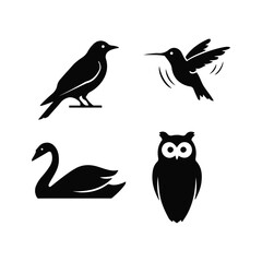 Obraz premium Set of bird silhouettes including crow, hummingbird, swan, and owl