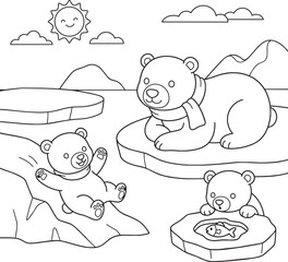 Three Bear Cubs Playing in Bathtubs with Sunny Outdoor Background Line Drawing © Abdur