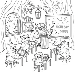 Naklejka premium Group of Cats Studying in Cozy Classroom Setting with Vintage Chalkboard Illustration