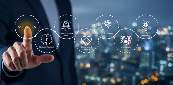 Soft skills (human skills), the value of the human in the age of AI. Interfacing with icons representing essential soft skills such as communication, critical thinking, adaptability, and integrity.