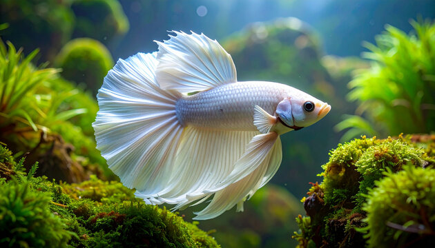 Elegant white betta fish swims in a lush aquatic environment