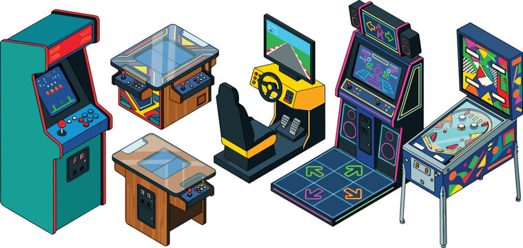 Isometric Retro Arcade Game Machine Vector Set Featuring Classic Cabinet, Cocktail Table Games, Racing Simulator, Dance Floor Machine, and Colorful Pinball Table Icons